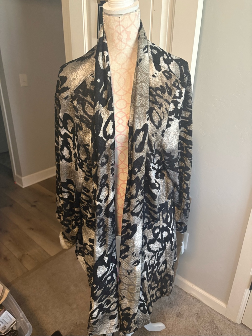 Multiples Metallic Black and Silver Animal Print Open-Front Cardigan